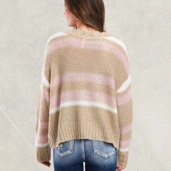 WISHLIST APPAREL Striped Button Front V-Neck Relaxed Sweater Cardigan-M/L NWT - Picture 2 of 5